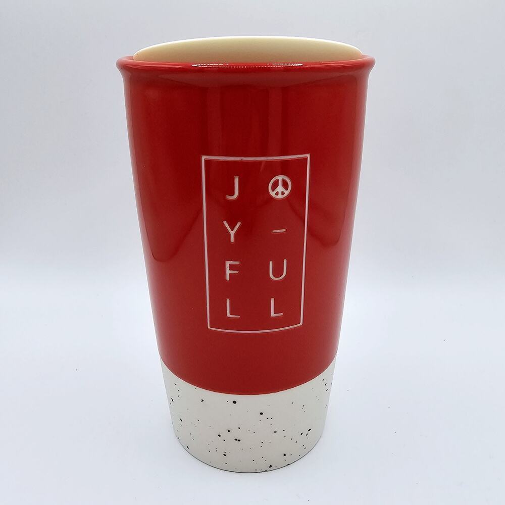 Starbucks Red JOYFULL Ceramic Travel 12 oz Tumbler Mug Lid Peace Logo Coffee